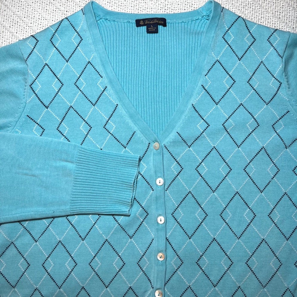 Brooks Brothers Silk Cotton Argyle Cardigan Preppy Sweater Blue V-Neck Large